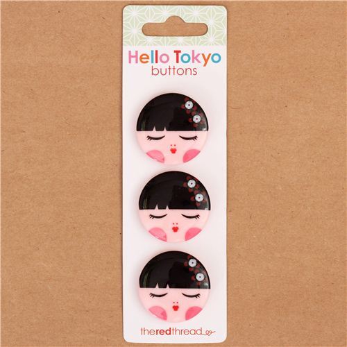 Kokeshi doll girl button set 3 pieces by Robert Kaufman USA