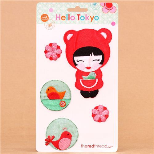 kawaii girl bird iron-on transfer set Robert Kaufman