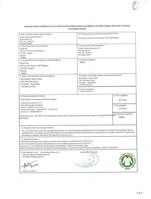Page 1 of the Birch Organic Fabric Certification