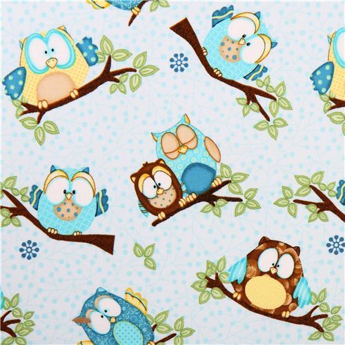 Whoo Me? Our lovely light blue owl forest fabric by Henry Glass