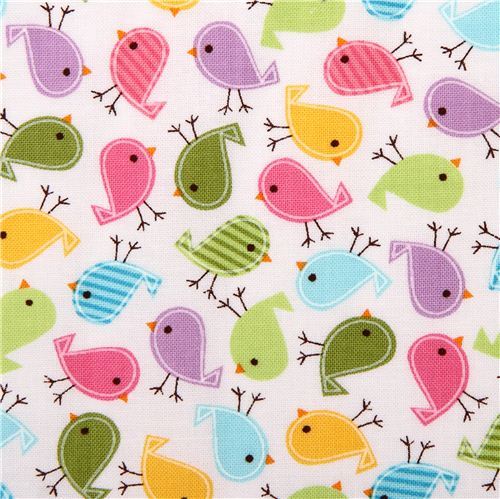 white bird fabric Urban Zoologie Minis with colourful birds by Robert Kaufman