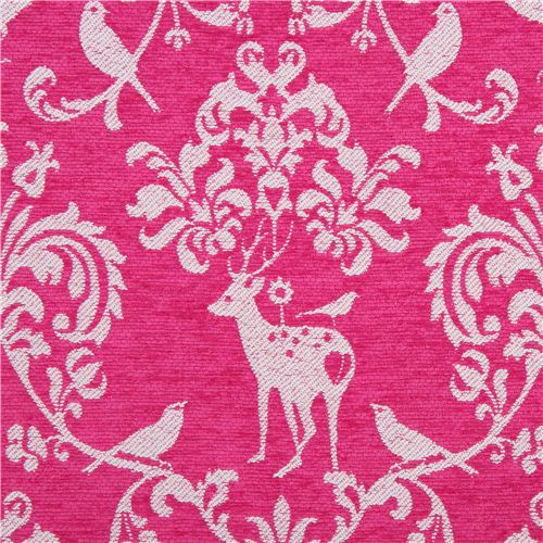hot pink Jacquard echino fabric woodland stag deer bird