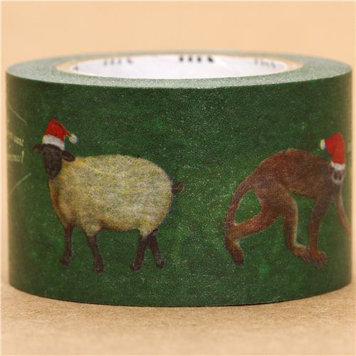 green Christmas mt Washi deco tape animals with red cap