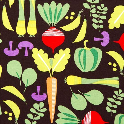 brown Michael Miller fabric with colourful vegetables
