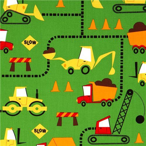 green excavator fabric construction site by Robert Kaufman