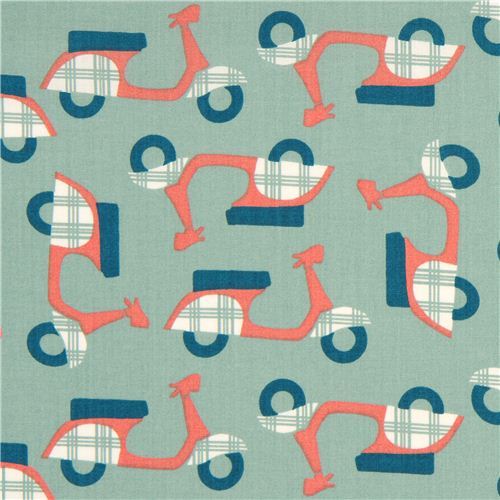 green birch organic fabric with mopeds in coral and green