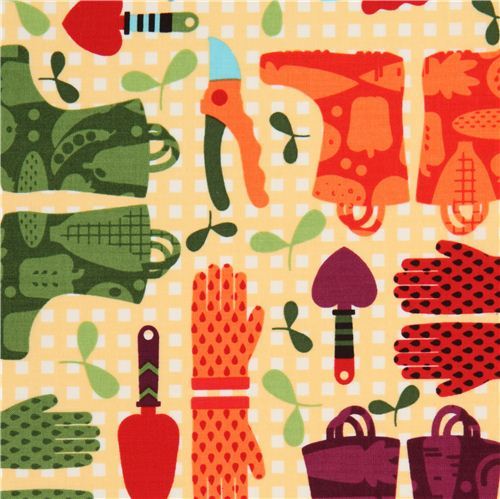 light yellow gardening supplies fabric by Timeless Treasures