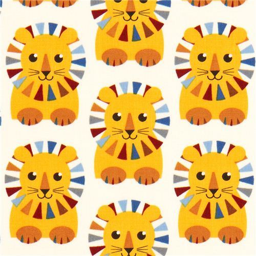 beige fabric with colourful circus lions by Robert Kaufman