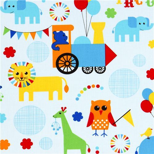 light blue fabric circus animals locomotive Robert Kaufman