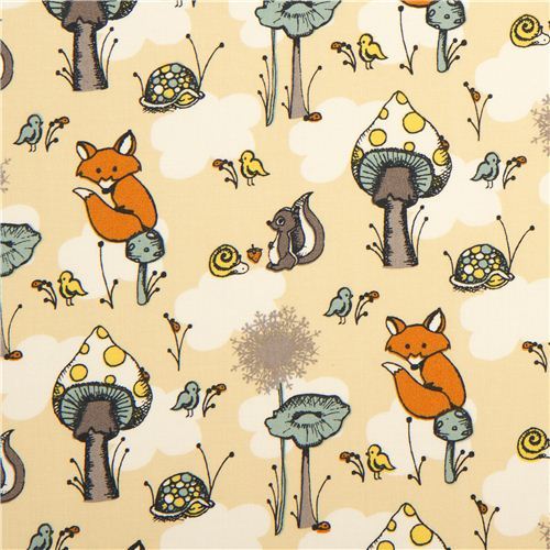 beige birch organic fabric from the USA animals & mushrooms