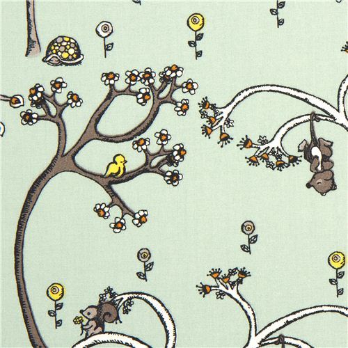 green birch organic fabric from the USA with trees & animals
