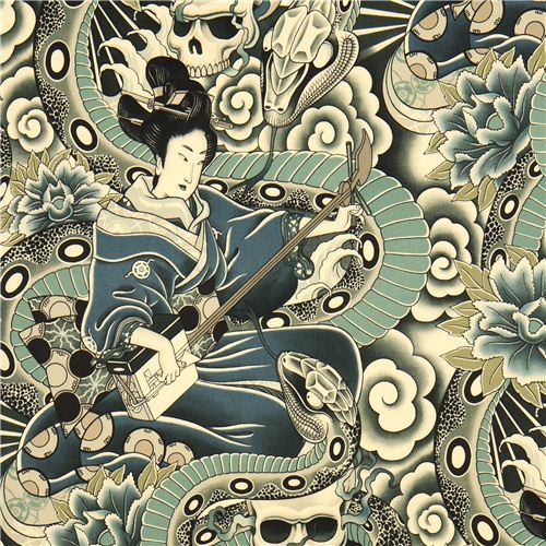 grey Alexander Henry fabric Japanese woman and skulls
