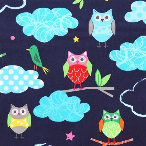 navy blue owl forest animal fabric Garden by Robert Kaufman