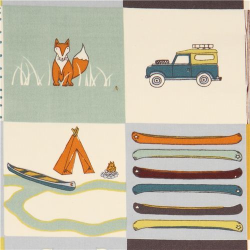 camping patchwork organic fabric with fox bear by birch USA