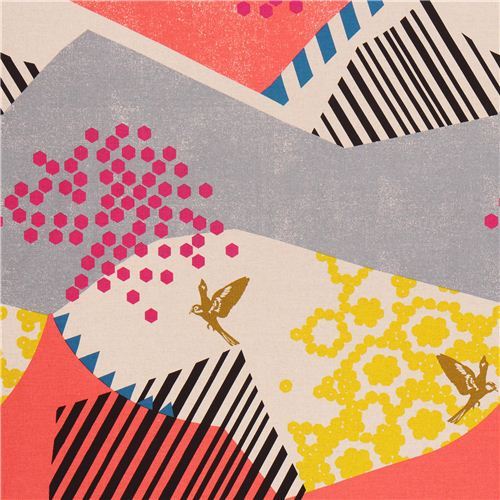 echino landscape canvas fabric coral-grey from Japan bird mountain