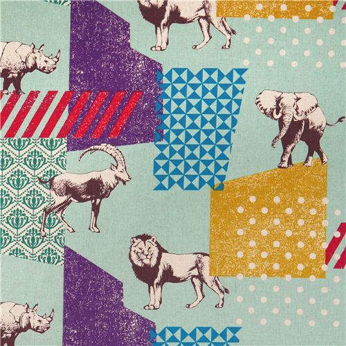 turquoise echino zon canvas fabric pattern safari animals from Japan