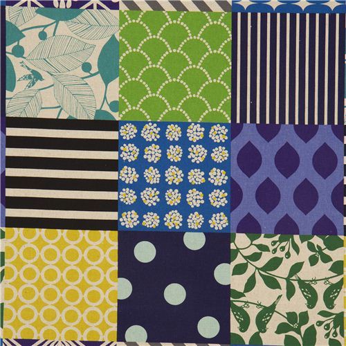 Patchwork piece echino canvas fabric blue-green-black