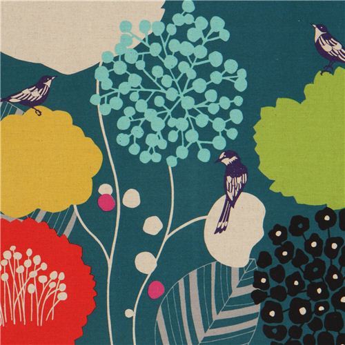 teal wildflower echino canvas fabric bird flower