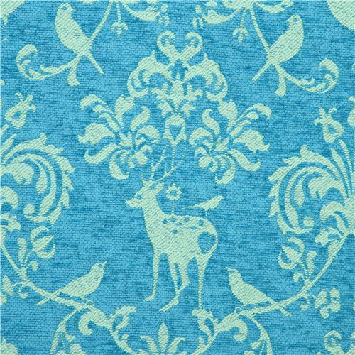 blue Jacquard echino fabric woodland stag deer bird