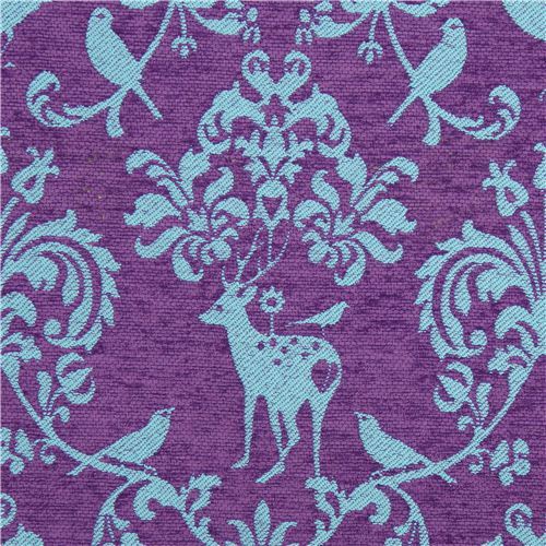 purple Jacquard echino fabric woodland stag deer bird