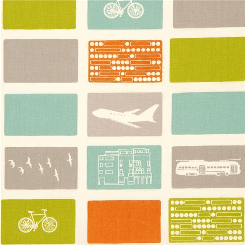 white birch organic fabric with airplane bike tram