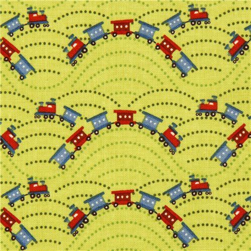 green Riley Blake laminate fabric with train locomotive USA