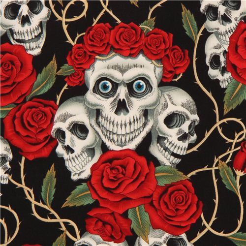 black Alexander Henry fabric roses and white skulls
