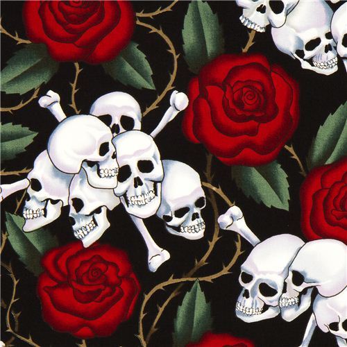 black Alexander Henry  rose fabric with skulls