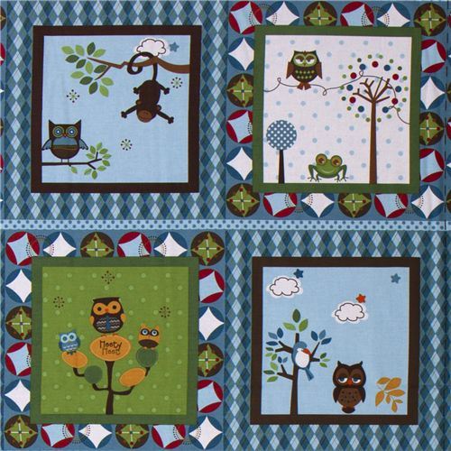 blue Riley Blake panel fabric kawaii owls