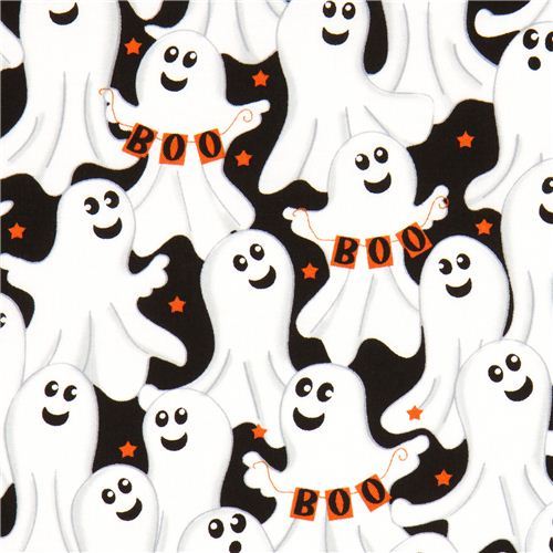 black Halloween designer fabric with ghosts Boo star