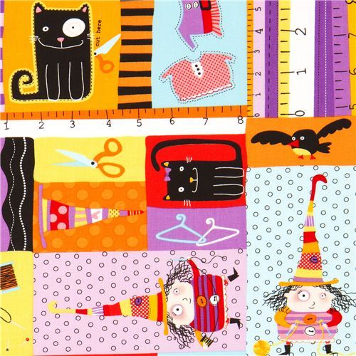 colourful Halloween fabric witch cat pumpkin Robert Kaufman