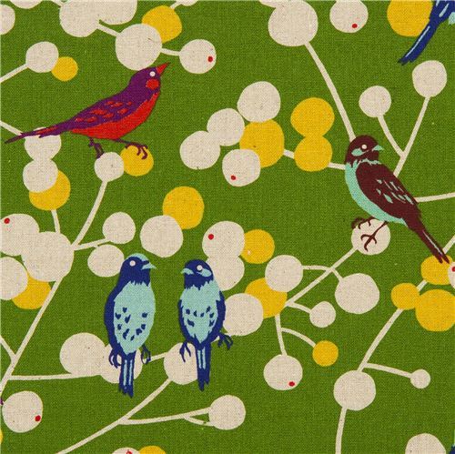 green echino birds and berries laminate fabric cherry