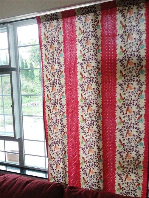 Sandra used different echino fabrics to sew curtains for her whole house. Seen here: Living room curtains