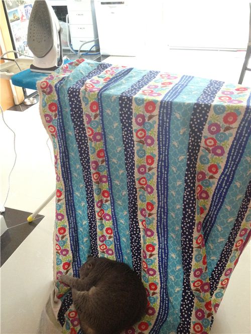 Her cat Miu also liked the big sewing project. So comfy!